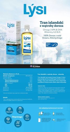 Lysi TRAN ISLANDZKI NATURALNY Omega 3 EPA DHA WITAMINA A D E 240ml na Arena.pl
