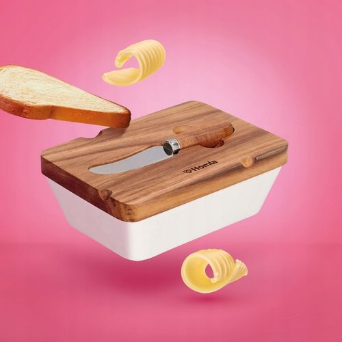 Maselniczka MOOKA porcelanowa z nożykiem i akacjową pokrywką biała na Arena.pl