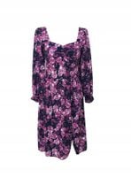 Elegancka Zwiewna Sukienka Granat W Fioletowe Kwiaty Z Rozcięciem na Nogę