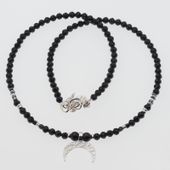Naszyjnik regulowany - Turmalin czarny kulki, zawieszka księżyc i srebro