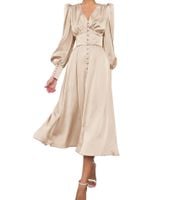 Sukienka satynowa maxi damska elegancka bufiaste rękawy vintage beż XS