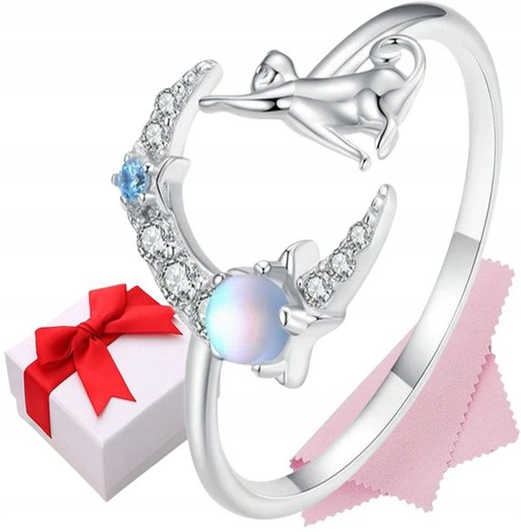 Pierścionek srebrny KSIĘŻYC KOT kamień księżycowy regulowany s925 +pudełko zdjęcie 1