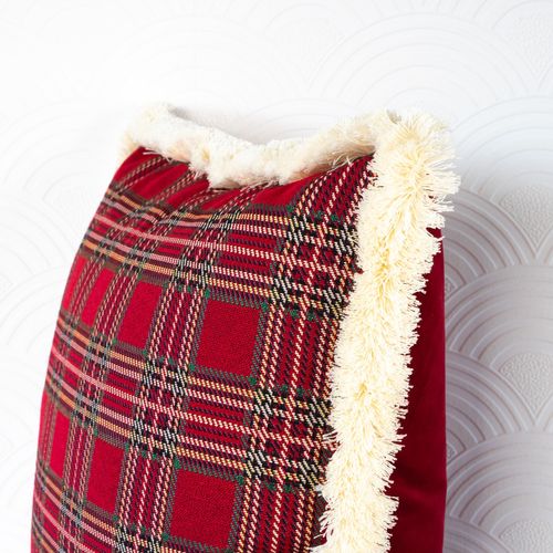Poszewka 30x50  Świąteczna czerwona krata z frędzlami ecru na Arena.pl