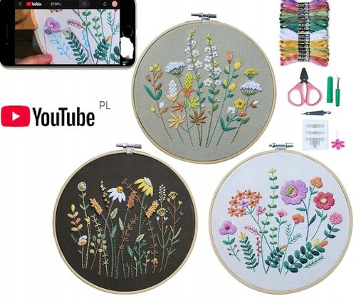 ZESTAW DO HAFTOWANIA 3 SZT HAFT DIY 16x IGŁA OBRĘCZ 20 CM WZORY VIDEO na Arena.pl