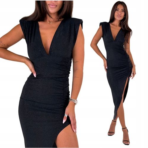 Sukienka na imprezę z brokatem wieczorowa asymetryczna maxi czarna m/l na Arena.pl