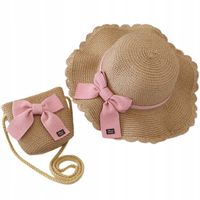 KAPELUSZ SŁOMKOWY Z KOKARDĄ GUMKĄ LETNI PLAŻOWY + TOREBKA DLA DZIEWCZYNKI