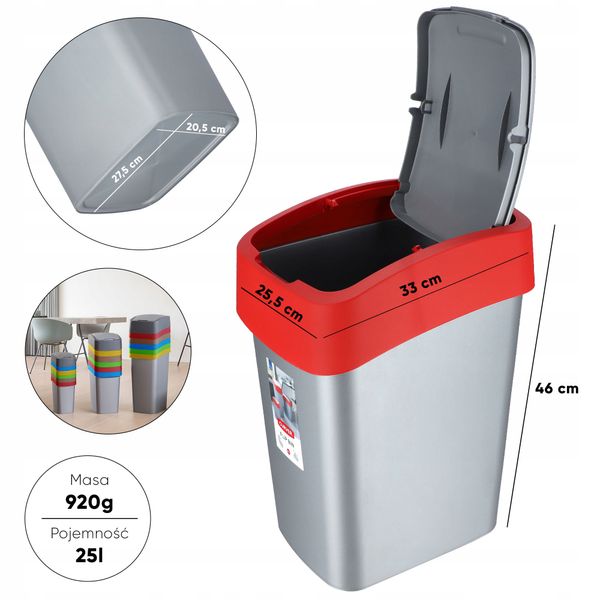 Curver Kosz Na Śmieci Pojemnik Biuro 25L Czerwony zdjęcie 2