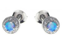 Delikatne okrągłe rodowane srebrne kolczyki z opalem i cyrkoniami opal cyrkonie srebro 925 V013E