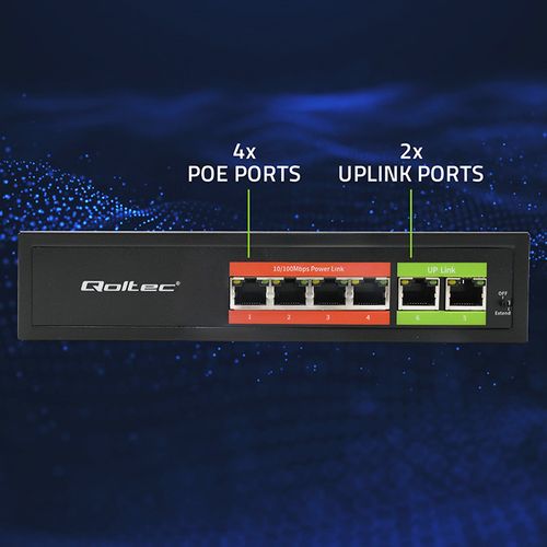Qoltec Switch PoE 4x RJ45 + 2x Uplink, 65W, Fast Ethernet na Arena.pl