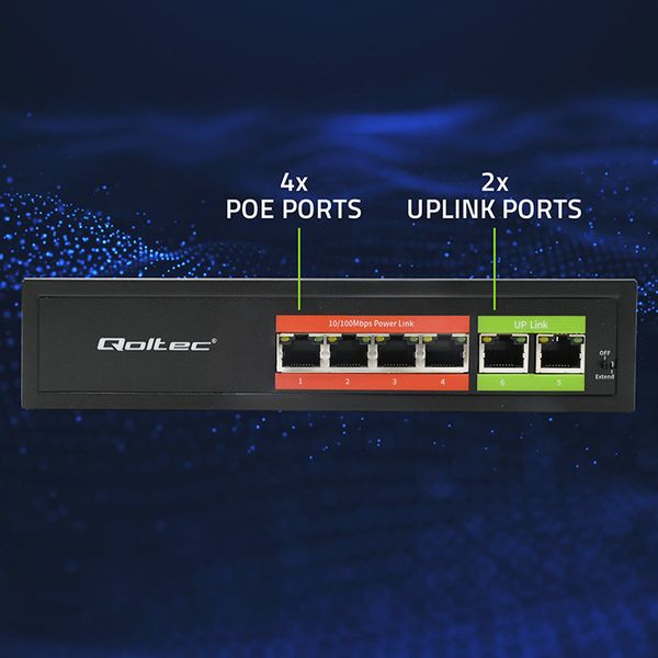 Qoltec Switch PoE 4x RJ45 + 2x Uplink, 65W, Fast Ethernet zdjęcie 7