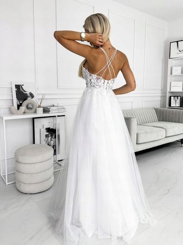 Jolie BIAŁA DŁUGA SUKIENKA z GIPIURĄ ślubna XS na Arena.pl