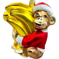 Bombka choinkowa szklana: Małpka z bananami w świątecznym stroju