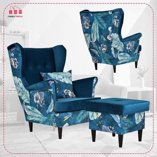 Fotel uszak Ari Print Duo z podnóżkiem, skandynawski Family Meble pufa na Arena.pl