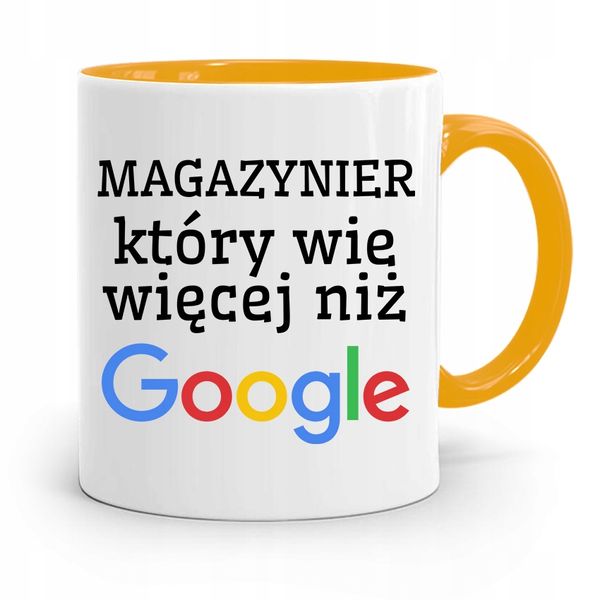 Kubek Żółty Dla Magazyniera Wie Więcej Niż Google Z Nadrukiem Ze Zdjęciem zdjęcie 1