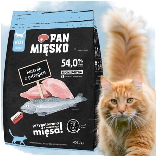 sucha karma dla kota kurczak z pstrągiem pan mięsko hipoalergieczna s 400g na Arena.pl