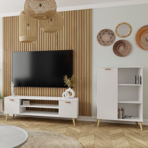 Szafka RTV 155 cm skandynawska biała nogi i uchwyt drewniane na Arena.pl