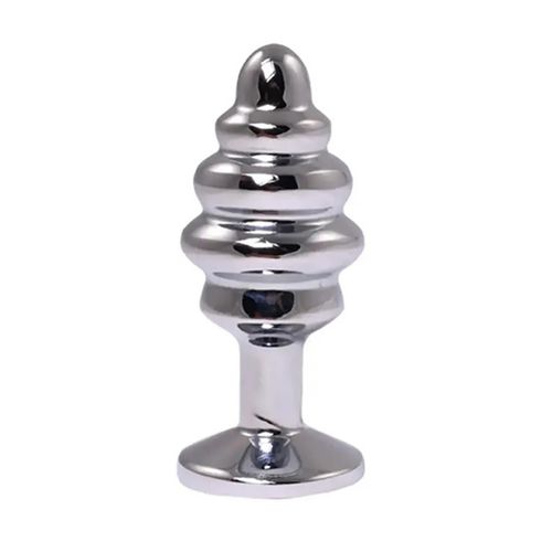 Silver Medium Ribbed Butt Plug With Pink Crystal na Arena.pl