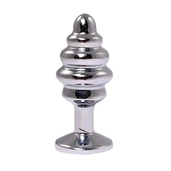 Silver Medium Ribbed Butt Plug With Pink Crystal zdjęcie 2