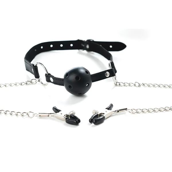 Breathable Ball Gag With Adjustable NippleClamps. zdjęcie 4