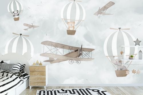 Fototapeta Dla Dzieci ZWIERZĘTA Balony Samolot Vintage 135cm x 90cm na Arena.pl