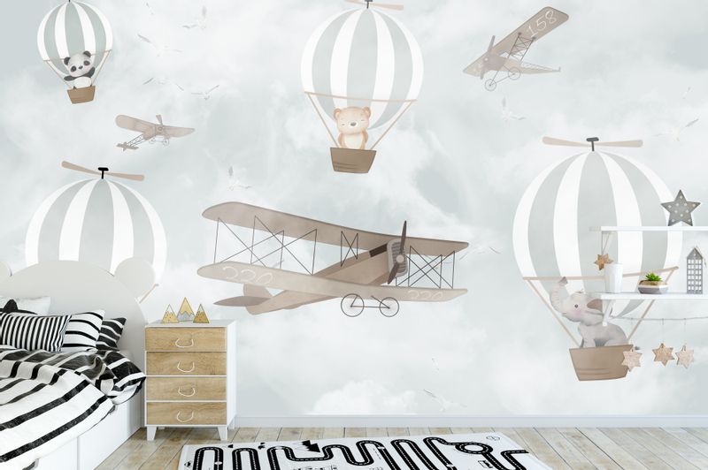 Fototapeta Dla Dzieci ZWIERZĘTA Balony Samolot Vintage 135cm x 90cm zdjęcie 13