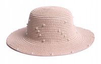 Kapelusz Słomkowy Plażowy dla Dziewczynki na Lato z Perełkami i Gumką 52