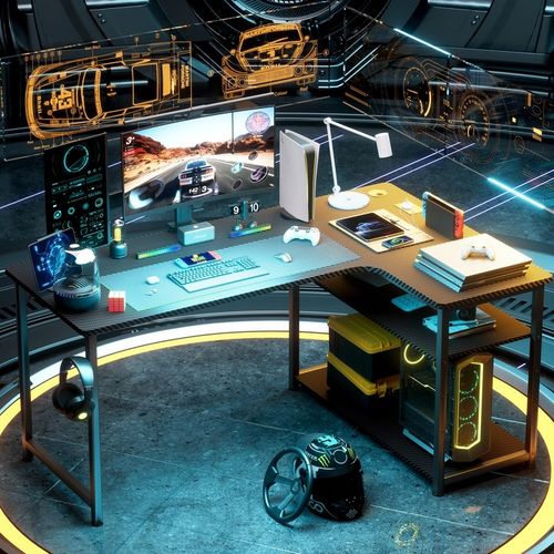 Biurko Gamingowe Narożne z półką i portem ładowania USB na Czarnym na Arena.pl