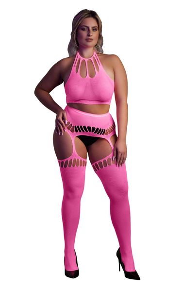 Sexy Komplet Rajstopy i Top Ouch! 838 Pink NEON XL/4XL zdjęcie 8