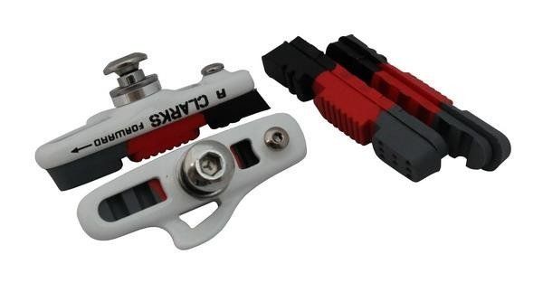Klocki hamulcowe CLARK'S CPS240 SZOSA (Shimano, Campagnolo, Warunki Suche i Mokre, Biała estetyczna obudowa) 55mm czarno-czerwone-szare + 2x dodatkowe wkładki