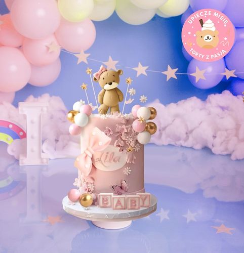 CALY Zestaw dekoracji na tort – MIS z różową kokardką + napis BABY ROCZEK na Arena.pl