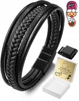 BRANSOLETKA MĘSKA SKÓRZANA CZARNA SKÓRA PLECIONA REGULOWANA Z GRAWEREM STAL