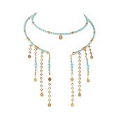 choker z satynowych, turkusowych perełek i złotych kuleczek, z wiszącym