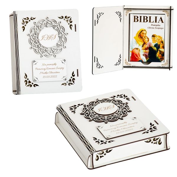 Biblia w pudełku z grawerem Pamiątka I Komunii Świętej OBK-1 zdjęcie 2