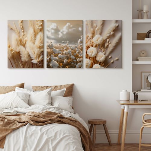 Obrazy Na Płótnie Set Kwiaty Bawełna Trawy Natura Boho Rośliny 90cm x 40cm na Arena.pl