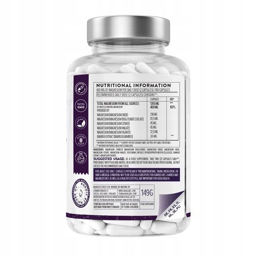 MAGNEZ COMPLEX 5 rodzajów 400mg Bisglicynian Taurynian 180 Kapsułek na Arena.pl