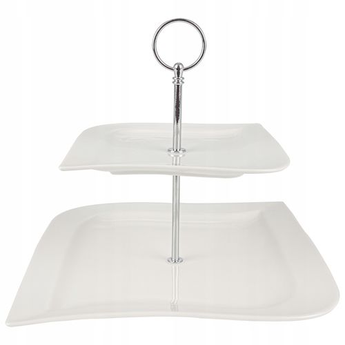 PATERA PORCELANOWA NOWOCZESNA BIAŁA 2 POZIOMOWA TACKA NA CIASTO SREBRNA na Arena.pl