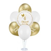 Zestaw balonów na stojaku Chrzest Święty złoty gołąbek dekoracja