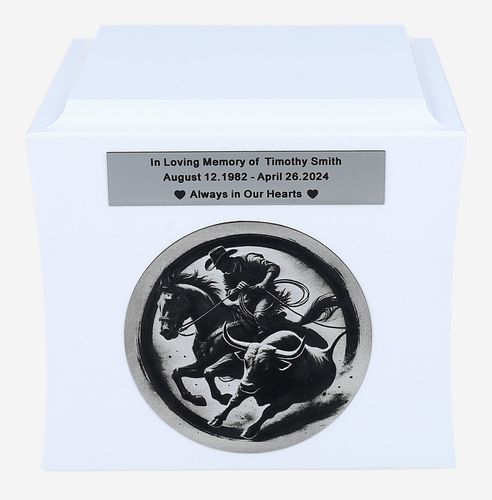 Drewniana Urna z Motywem Rodeo Biała / Plakietka na Arena.pl