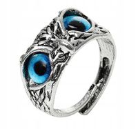 SREBRNY PIERŚCIONEK SOWA REGULOWANY OCZY niebieski