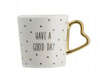 KUBEK PORCELANOWY BIAŁY AMBITION AMORE GOOD DAY ZŁOTE UCHO 400 ML