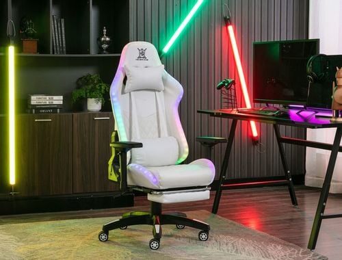 FOTEL GAMINGOWY BIUROWY WYGODNY KRZESŁO GRACZA OBROTOWY +RGB LED I PODNÓŻEK na Arena.pl