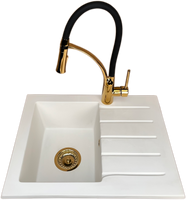 Zlewozmywak jednokomorowy z ociekaczem ARAGON biały z prawym ociekaczem + bateria złota NEXO