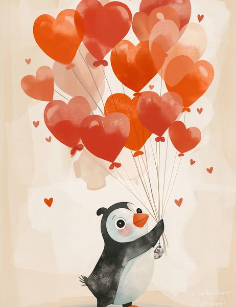 Plakat 50x65cm Pingwinek z Balonami zdjęcie 1
