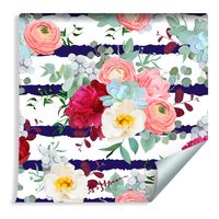 Tapeta Piwonie Jaskry Róże Brunie Kwiaty Liście Paski