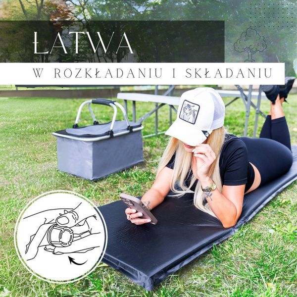 Mata samopompująca 180 cm mata turystyczna biwakowa z pokrowcem czarna zdjęcie 4