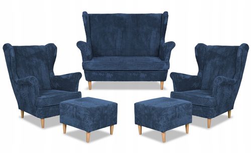 Zestaw wypoczynkowy uszak Bonito sofa fotele pufy Family Meble granatowy na Arena.pl