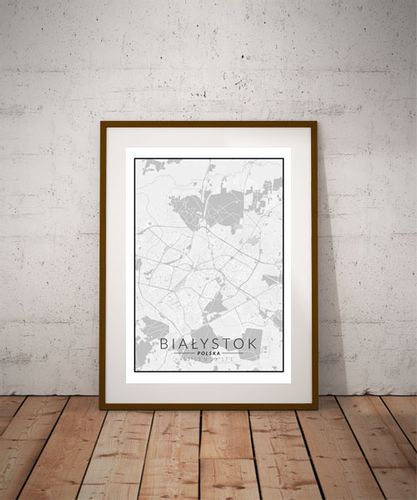 Białystok, Polska mapa czarno biała - plakat 70x100 cm na Arena.pl