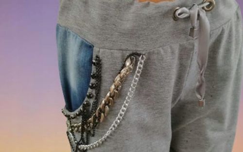 SPODNiE z jeansem i łańcuszkami ,kieszenie SHOP ART szare bawełna r.L na Arena.pl