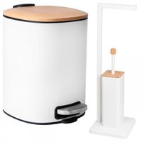 Zestaw Łazienkowy Biały Stojak na Papier ze Szczotką WC i Kosz 5L