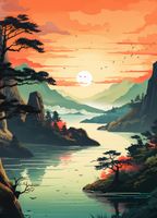 Plakat 39,5x55cm Zachodzące Słońce nad Spokojnym Jeziorem